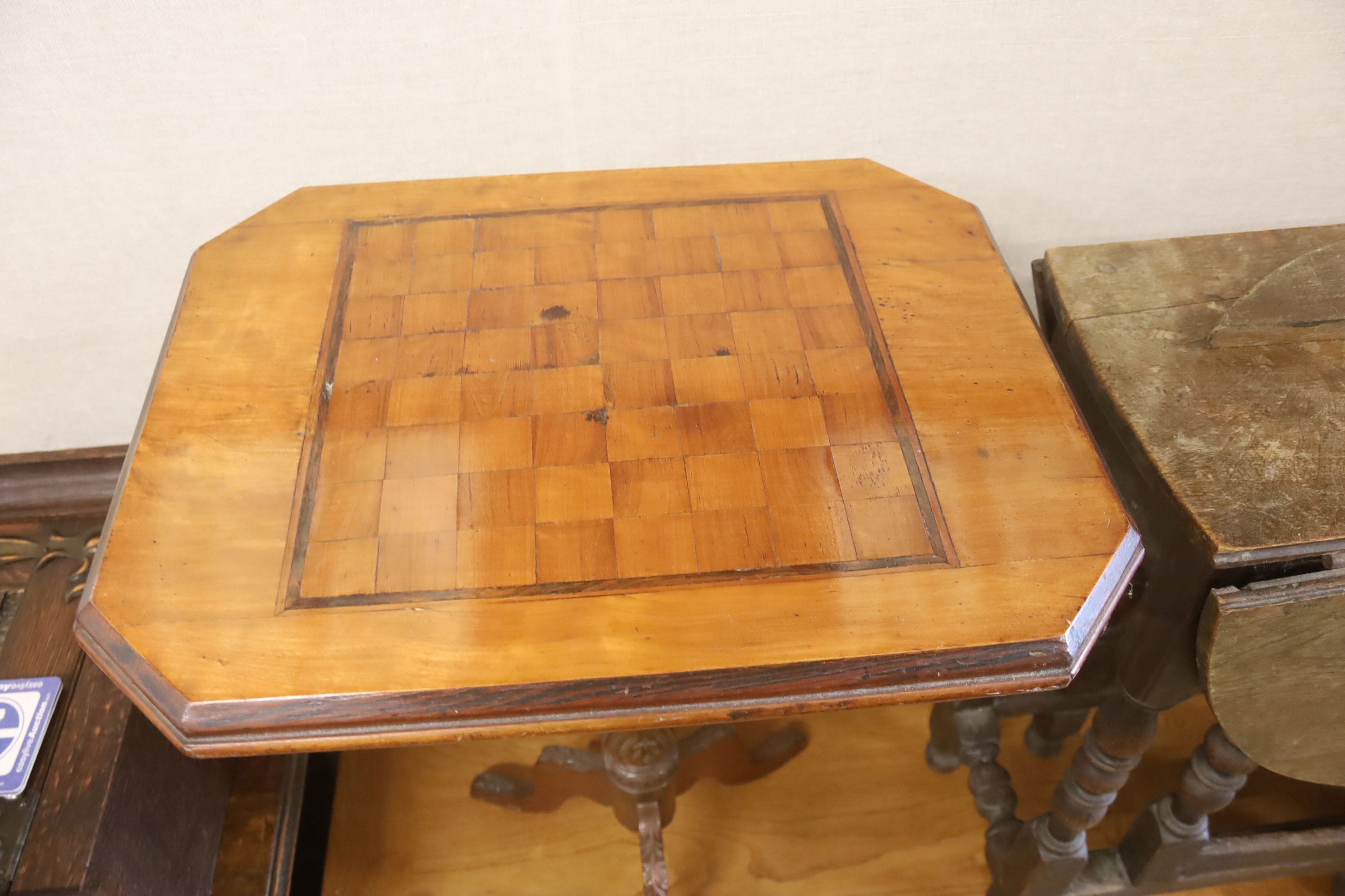 A small 18th century style oak gateleg table, width 60cm, depth 30cm, height 69cm together with a walnut tripod games table